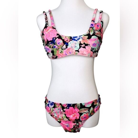No Boundaries Pink Black Floral Bikini Swim 2pc Swimsuit LARGE Beach Cruise - Picture 1 of 14